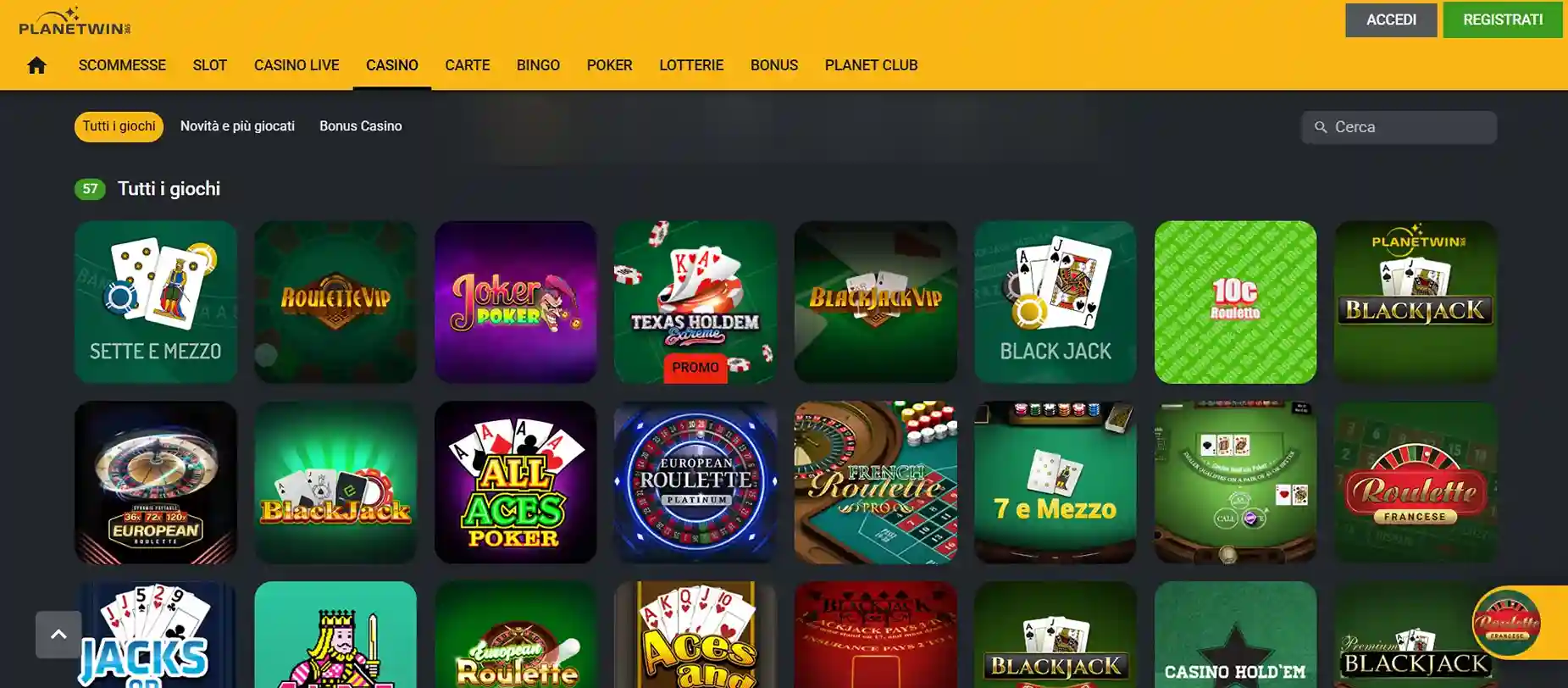 Lobby casinò Planetwin365 con giochi da tavolo, roulette, blackjack e video poker nella sezione 